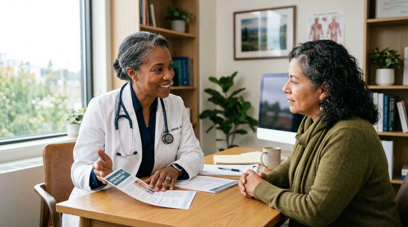 Doctor consulting menopausal woman about HRT and GLP-1 options for menopause weight management