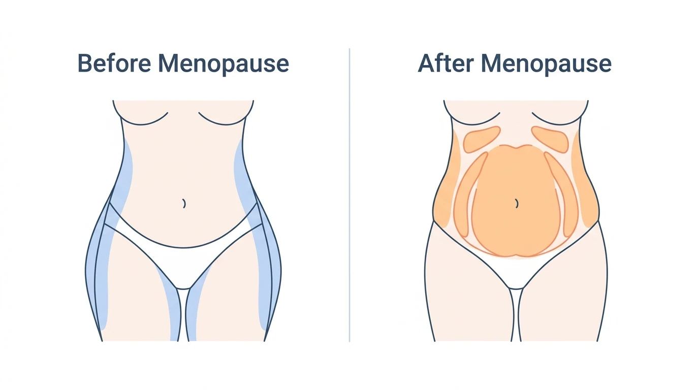 Diagram showing visceral belly fat redistribution during menopause and its impact on metabolic health