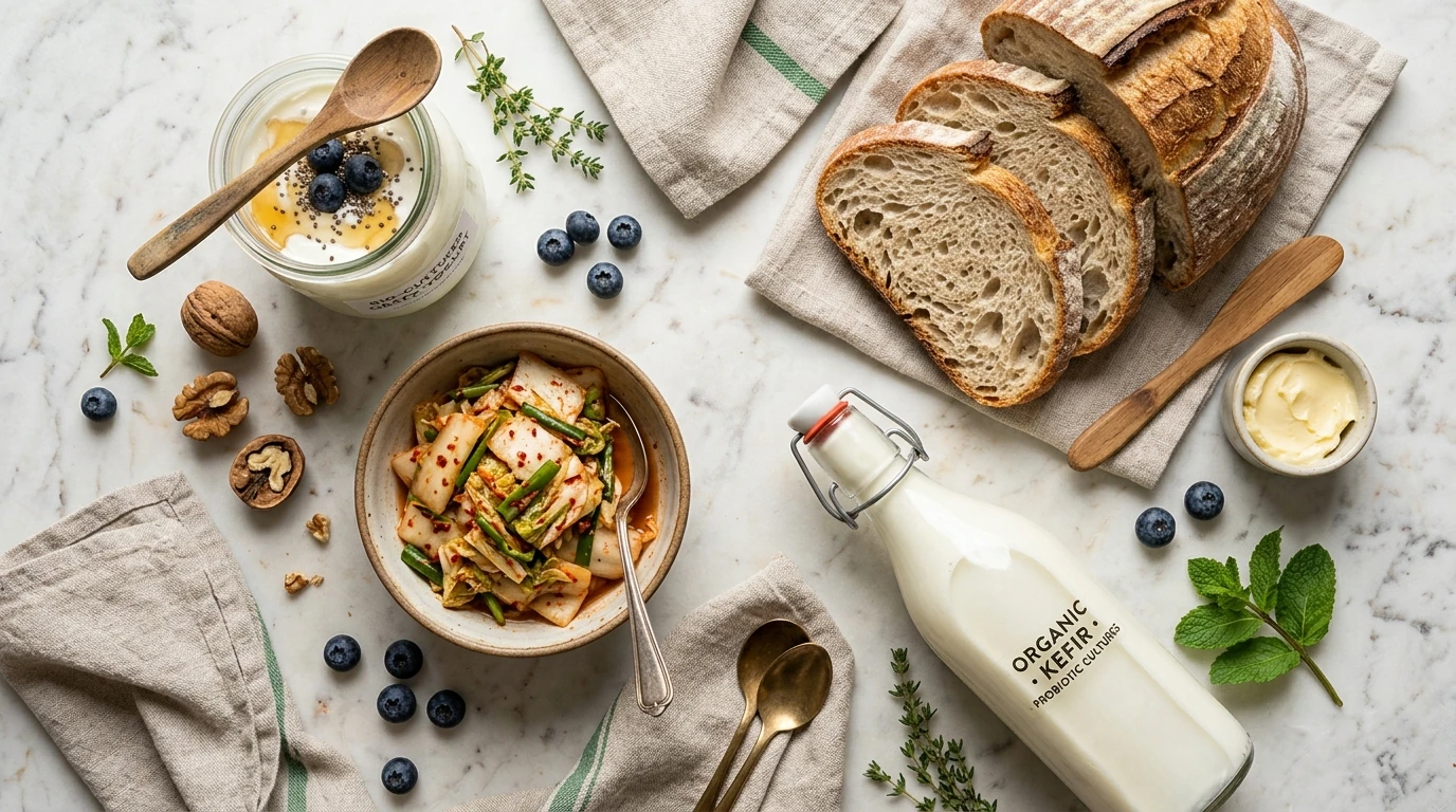 Close-up of gut-friendly probiotic foods supporting menopause weight management and metabolic health