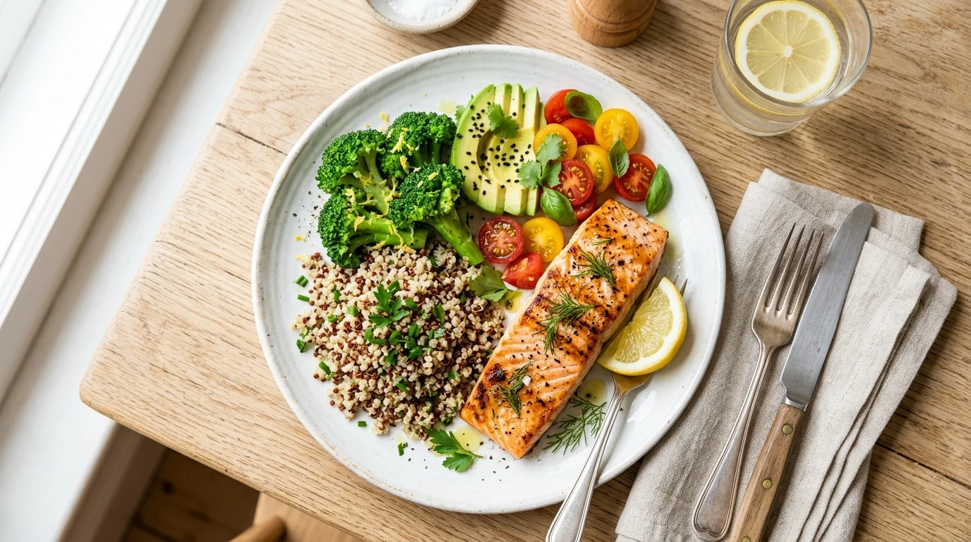 Healthy high-protein meal plate designed specifically for menopause weight management and belly fat
