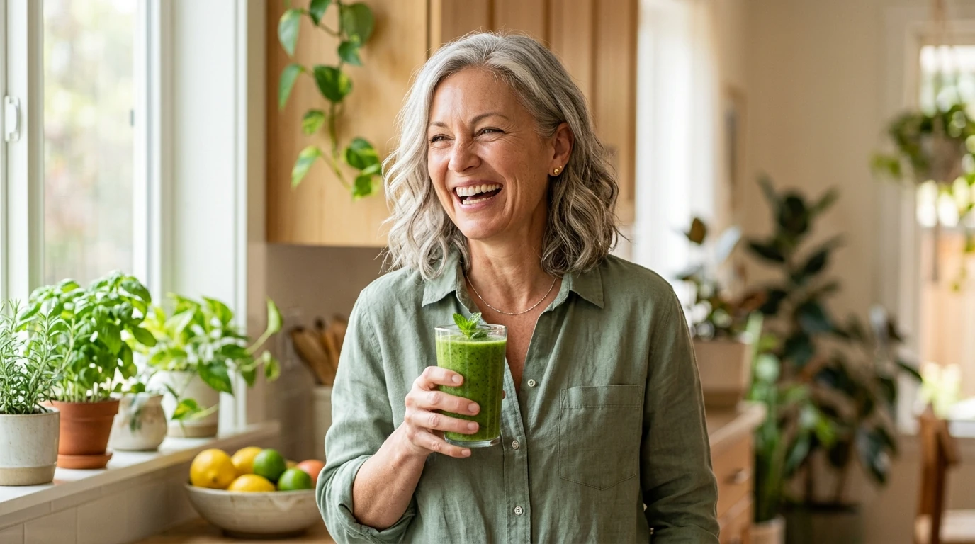 Confident smiling woman in her 50s representing successful menopause weight management and healthy midlife