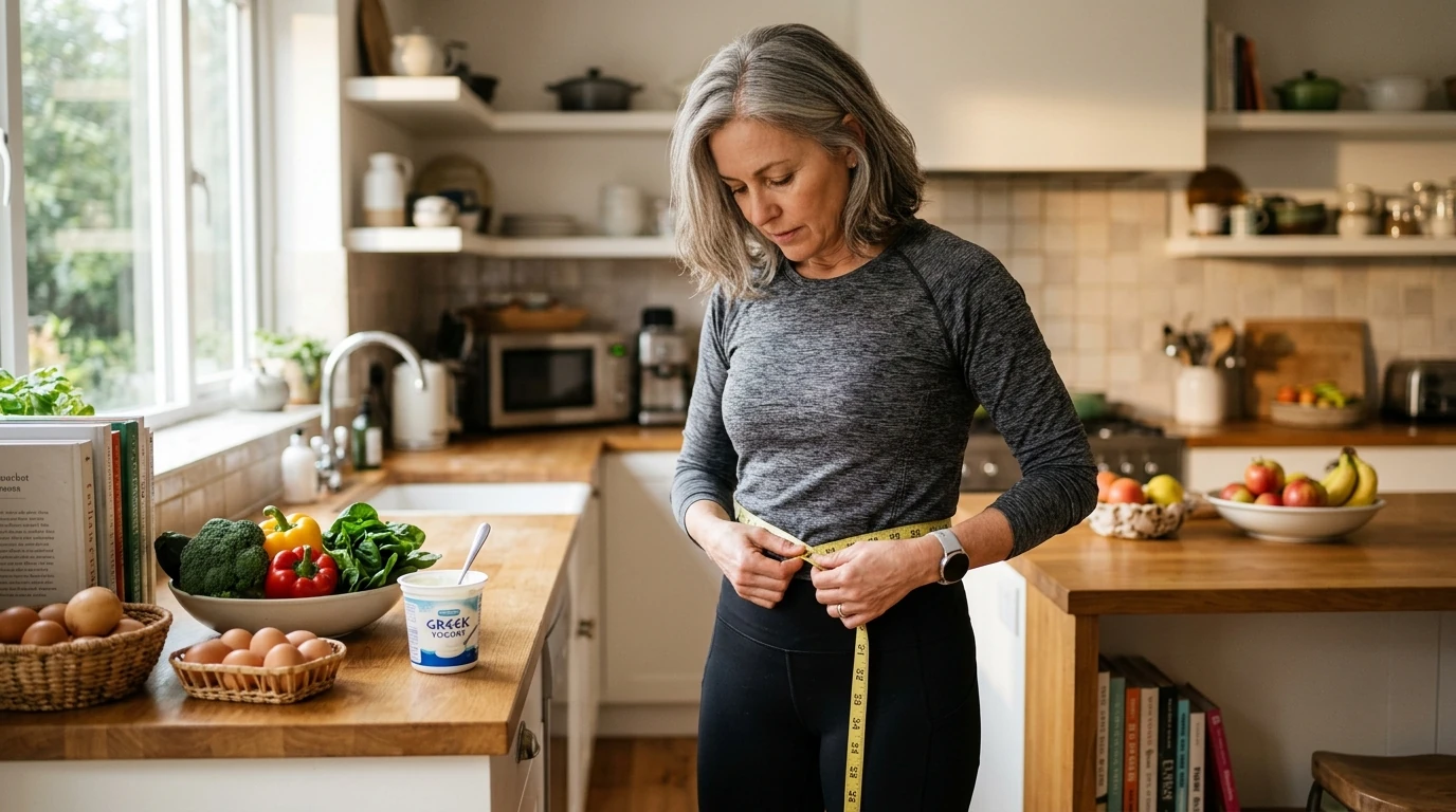 Woman in her late 40s measuring waist during menopause weight management journey at home
