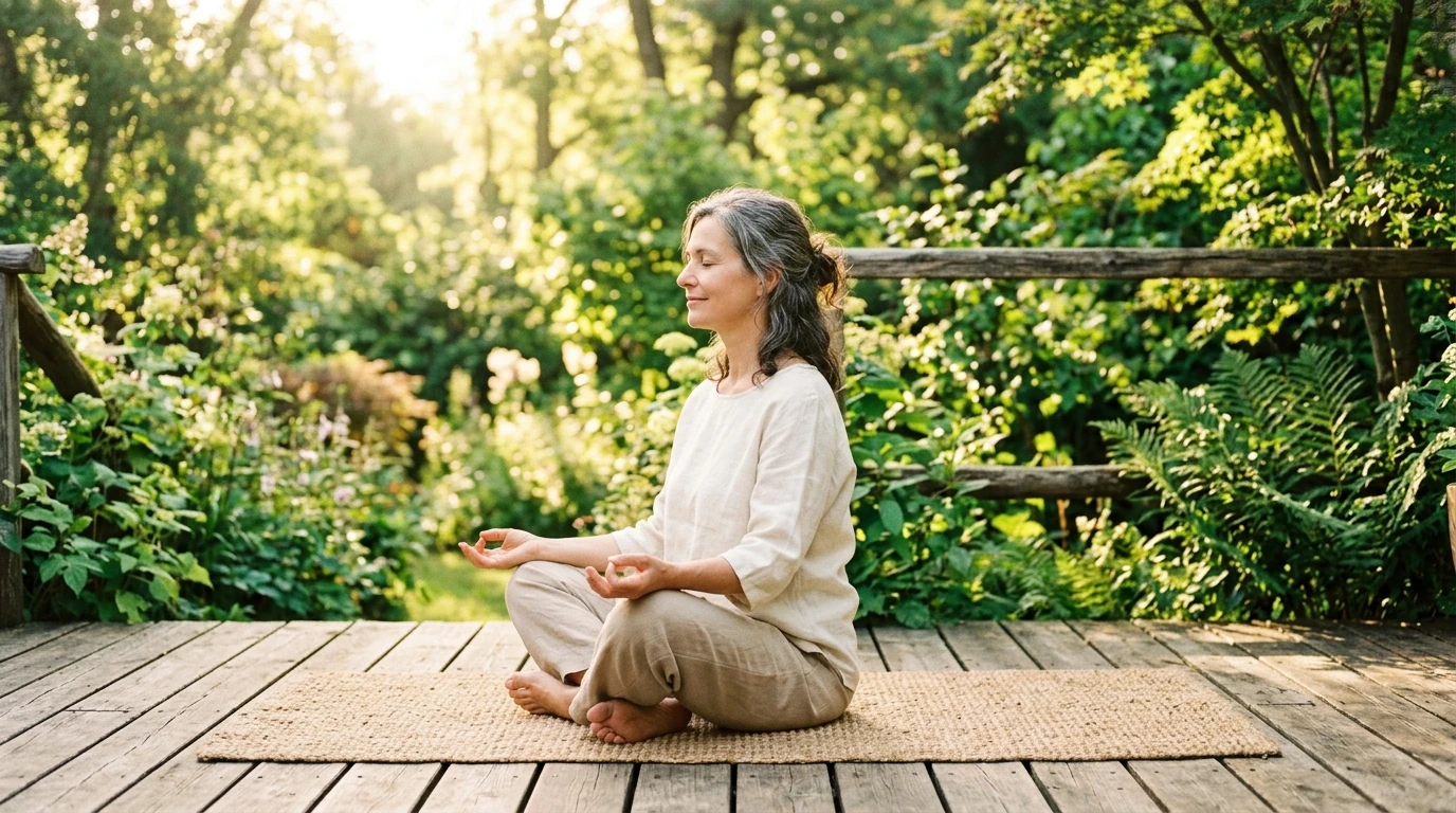 Woman practicing yoga outdoors to reduce cortisol and support menopause weight management goals